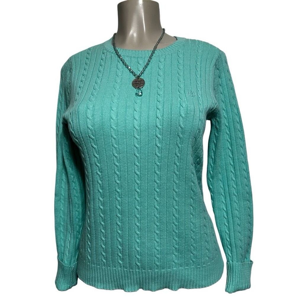 Izod Sweater Women’s Small Teal Green Pullover Long Sleeve Cable Knit Crew Neck